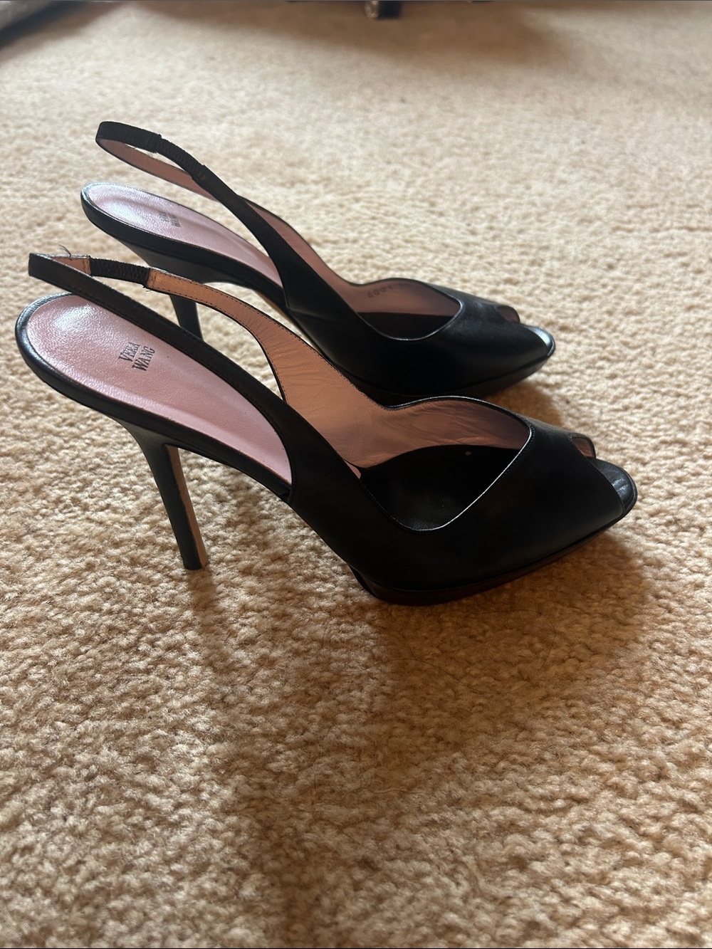 Vera Wang Black Peep-Toe Slingback Heels with Pink Insoles